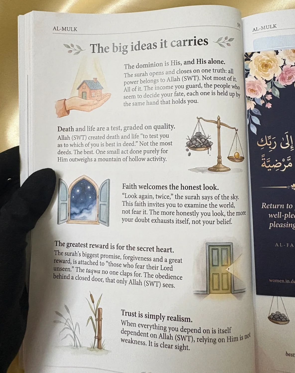 The key ideas from Surah Al-Mulk photographed in Akhirah.