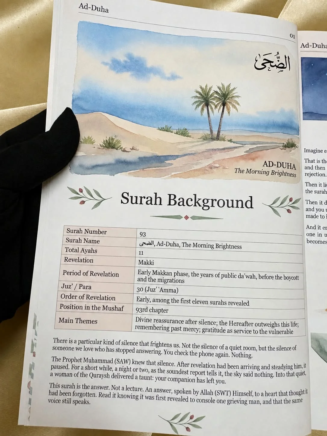 The illustrated Ad-Duha background page in a printed copy of Sabr.