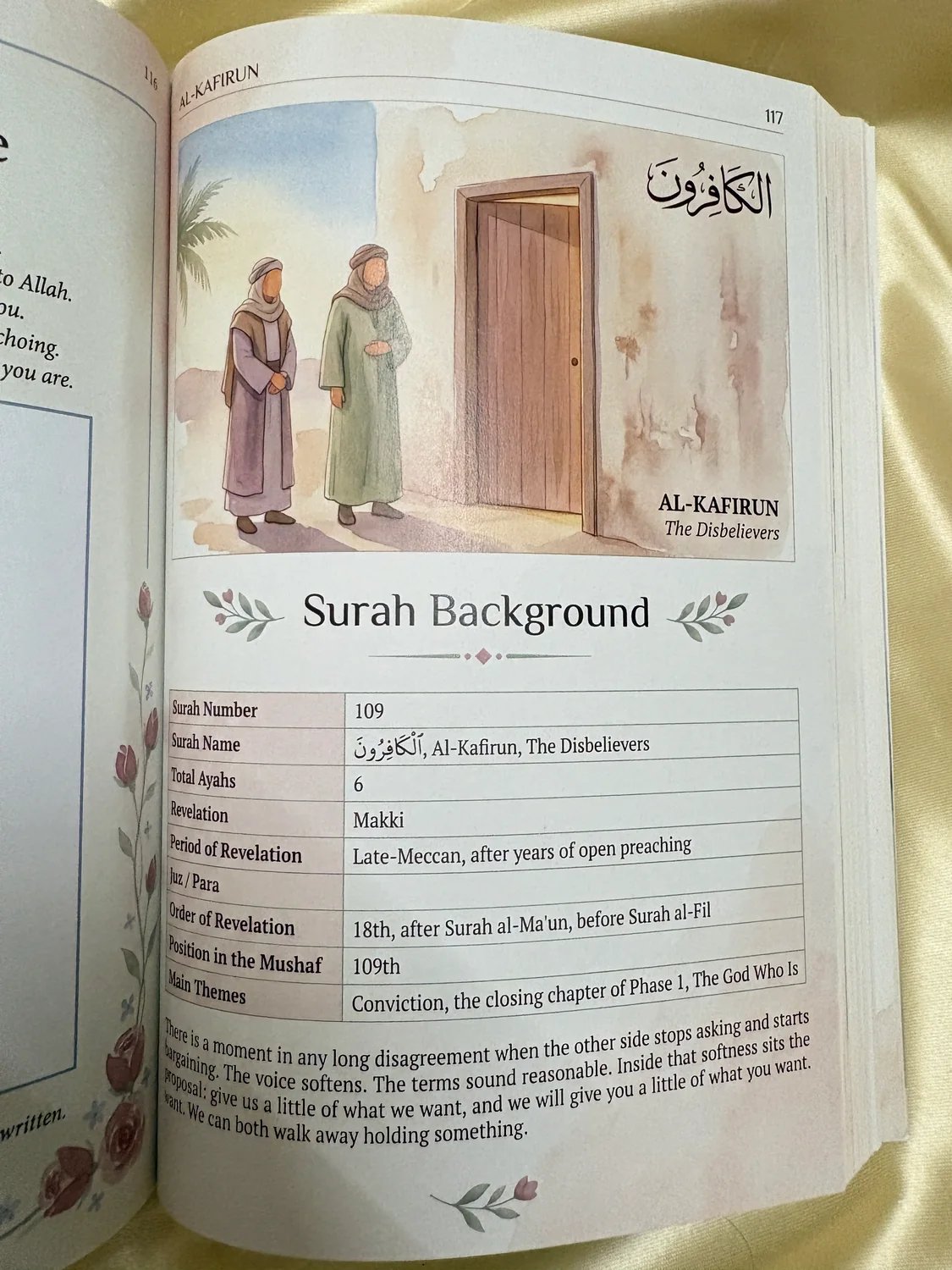 The illustrated Al-Kafirun background page in a printed copy of Tawhid.